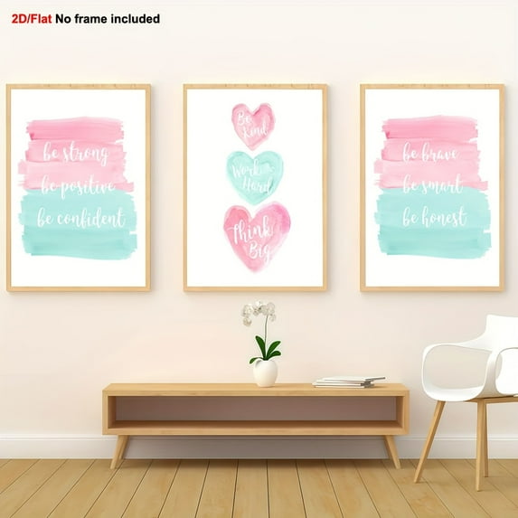 3pcs Decorative Paintings, 2D Flat Frameless Canvas Art, Children's Bedroom Motto for Boys and Girls Game Room with Coral & Mint Prints, Inspirational Wall Décor Set of 3 Positive Affirmations Poste