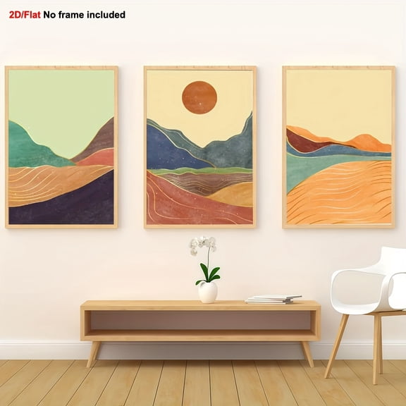 3pcs, Decorative Paintings, 2D Flat Frameless Canvas Art Gallery Wall Set of Three - Medieval Mountains and Sun Landscape Abstract Painting with Frame-Free Designs, Suitable for Home Living Room Bed