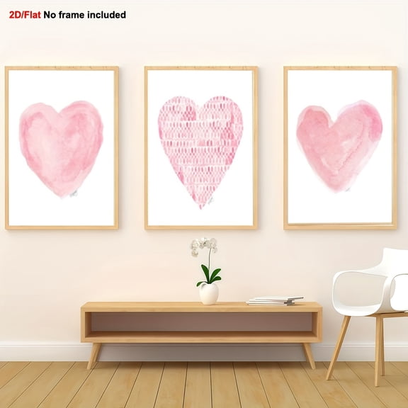 3pcs, Decorative Paintings, 2D Flat Frameless Canvas Art for Pink Children's Room Décor, 3pcs Prints, Watercolor Heart in Pastel Tones, Wall Hanging with Love Theme, Ideal Home and Living Space Enha
