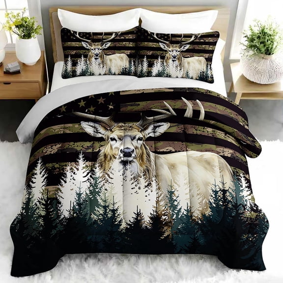 3pcs Deer Camouflage Comforter Set, Elk Forest Bedding Set for Bedroom or Guest Room Decor, All Seasons Quilt Machine Washable Duvet with 2 Pillowcases