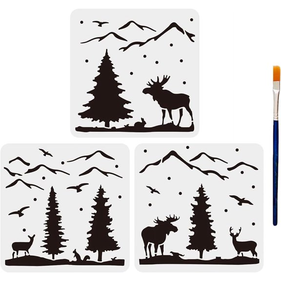 3pcs Deer Mountain Tree Stencils 11.8×11.8inch Large Forest Wildlife Animal Stencils with Paint Brush Deer Moose Pine Tree Bird Template