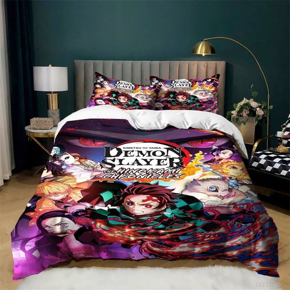 3pcs Demon Anime Slayer Bedding Set All Season Comforter Quilt Cover Set Cozy Soft Lightweight Duvet Cover with 2 Pillow Sham