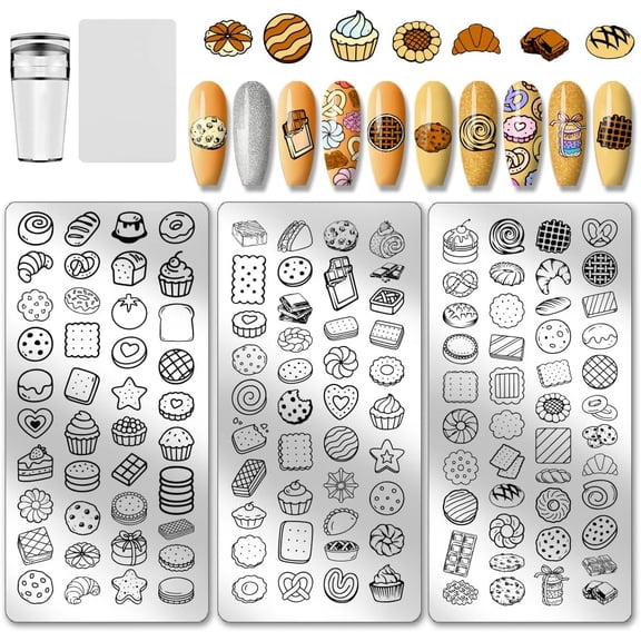3pcs Dessert Theme Nail Stamping Plates Cookies Cake Nails Art Stencils Bakery Chocolate Nails Image Plates Food Pattern Manicure Art Templates for Women DIY Manicures Salon Design