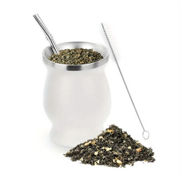 3pcs Double-Wall Stainless Tea Set Water Mate Tea Cup 8 Ounces Stainless Steel with Spoon Straw Cleaning Brush Gourd Cup
