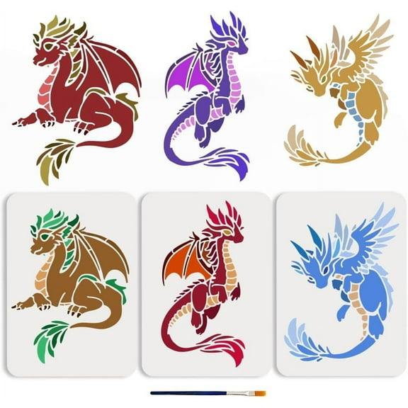 3pcs Dragon Stencils 11.78.3inch Medieval Dragon Stencils with Paint Brush Reusable Flying Dragon Drawing Templates for DIY Making