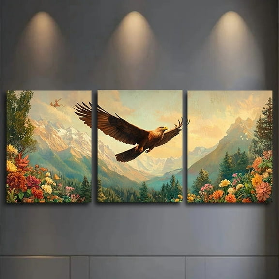 3pcs Eagle Soaring Over Mountains Canvas Wall Art Set - Triple Panel Triptych, HD Printed Frameless Wrapped Canvas, Modern Nature-Themed Painting for Indoor/Outdoor, Ready-to-Hang Large Eagle & Moun