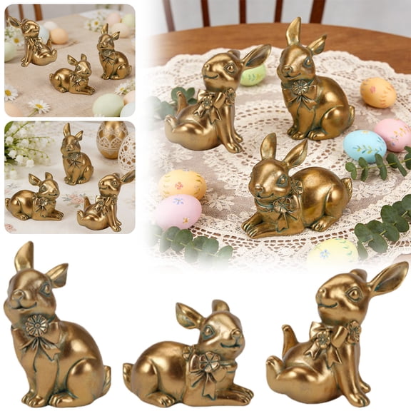3pcs Easter Bunny Figurines Resin Easter Rabbit Ornament Animal Rabbit Sculpture Resin Rabbit Statue for Easter Home Bedroom Party Table Decoration - Gold