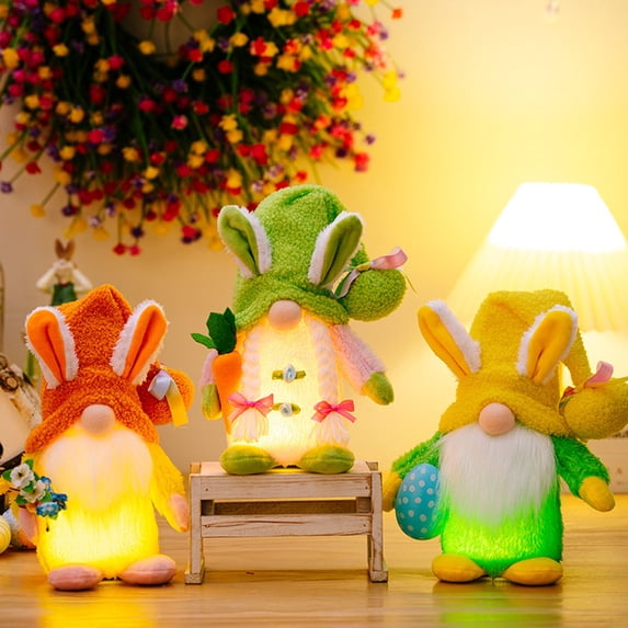 3pcs Easter Light Up for Home Office Summer Decor Easter Decoration Bunny Plush Decoration, Rabbit Easter Egg with Hat for Party Gifts Basket Stuffers Farmhouse Ornament #03 A,B,C