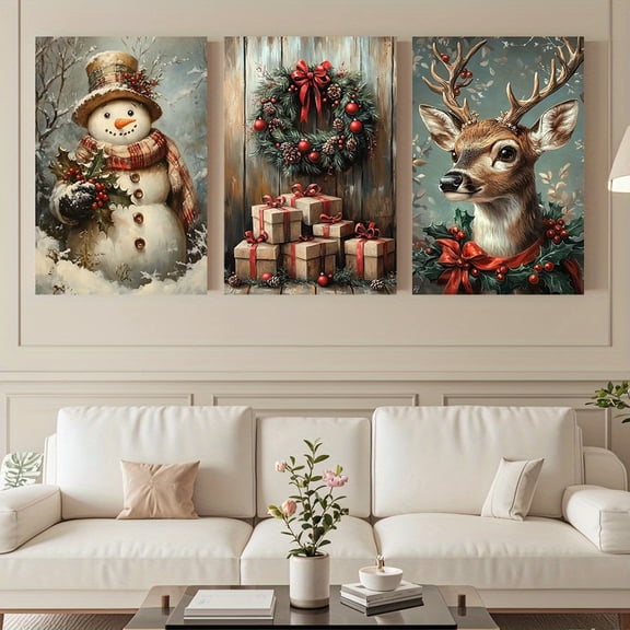 3pcs Eclectic Vintage Christmas Canvas Wall Art Set, Oblong Unframed Festive Paintings for Living Room and Bedroom Decor, Horizontal Orientation, Canvas Material