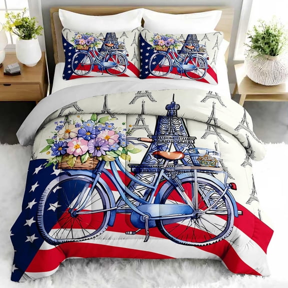 3pcs Eiffel Tower Bike Comforter Set, French Paris Bedding Set for Bedroom or Guest Room Decor, All Seasons Quilt Machine Washable Duvet with 2 Pillowcases