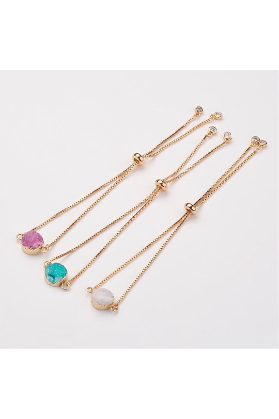 3pcs Electroplated & Dyed Druzy Agate Slider Bracelets Bolo Bracelets Flat Round with Brass Chain Mixed color 10-1/4 inch(260mm)x1mm