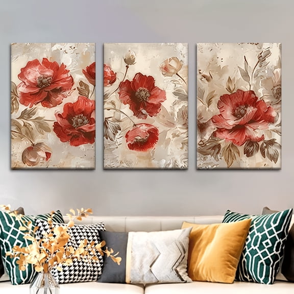 3pcs Elegant Red Peony Canvas Art Set - Unframed, Vintage-Inspired Floral Wall Decor for Living Room, Office, Cafe - Perfect Gift for Valentine's Day, Birthdays, Holidays