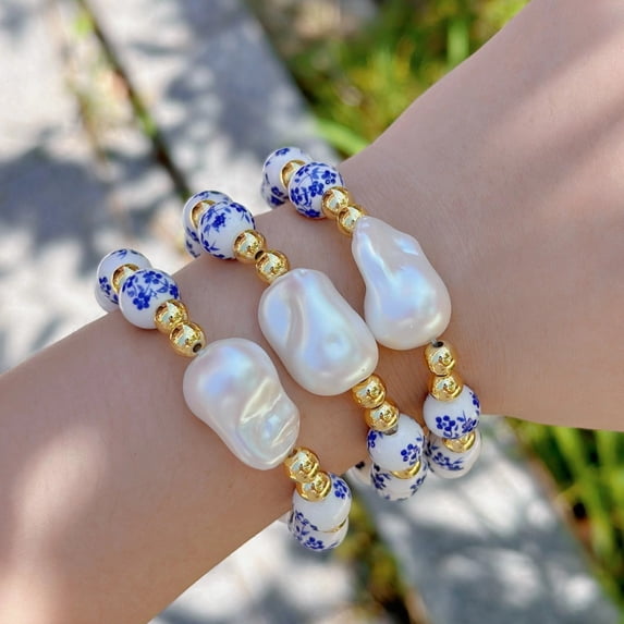 3pcs Elegant Vintage-Inspired Blue & White Porcelain Beaded Bracelet with Faux Pearls - Perfect Gift for Her