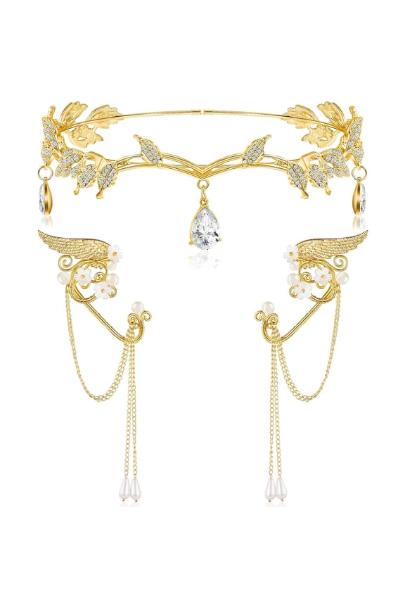 3pcs Elf Ears Clip-on Earrings and Headband, Rhinestone Leaf Crown Fairy Ear Cuffs Princess Costume for Women