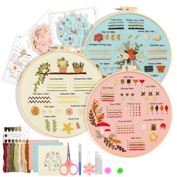 3pcs Embroidery Kit for Beginners, EEEkit Embroidery Starter Kit Floral Pattern with Hoop for Adults