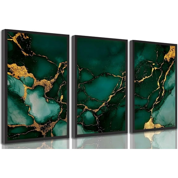 3pcs Emerald Green and Gold Canvas Wall Art Modern Abstract Gorgeous Fluid Marble Paintings Pictures Living Room Wall Decor Posters Print Artwork for Bedroom Bathroom Office Home Decoration