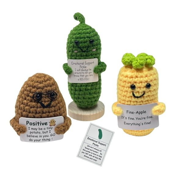 3pcs Emotional Support Pickles, Knitted Positive Crochet Animals with Positive Card,Handmade Tiny Positive Potato is Funny Bulk Gifts for Women Coworkers Great for Office and Home Desk Decor