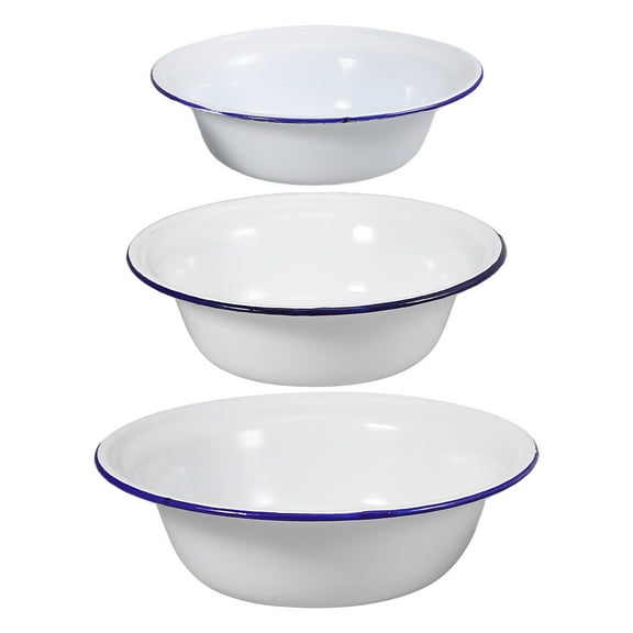 3pcs Enamel Bowl Vintage White Enamelware with Blue Rim Metal Nesting Food Bowl Deep Round Tray Noddle Bowl 14cm 16cm 18cm