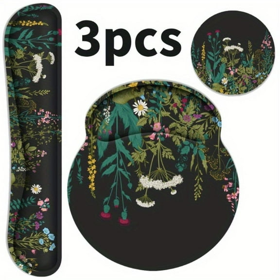 3pcs Ergonomic Mouse Pad with Wrist Rest and Keyboard Wrist Rest, Memory Foam Wrist Rest for Computer Keyboard, Easy Typing, Pain Relief, Mouse Pad Wrist Support for Gaming,Office, Black Flower