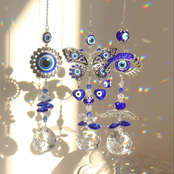 3pcs Evil Eye Suncatchers with Crystal Prism Balls for Window Hanging Sun Catcher Decor Blue Eyes Suncatcher Rainbow Maker Pendant Ornament