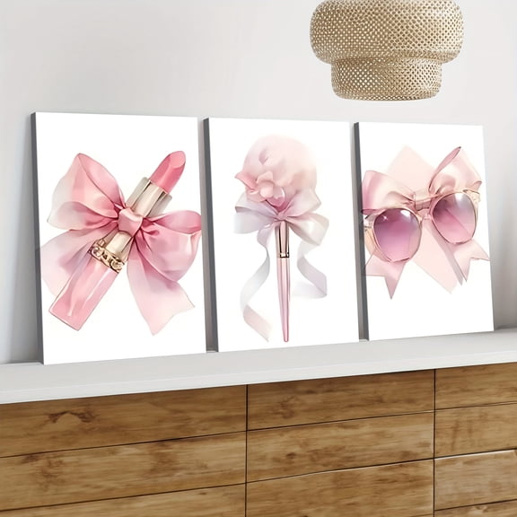 3pcs Exquisite Wood Frame Canvas Wrapped Paintings Pink Makeup Luxury Bow Chic Pink Glamor Brush Fashion Glasses And Lipstick Decoration Room Aesthetic, Posters, Ideal Gift