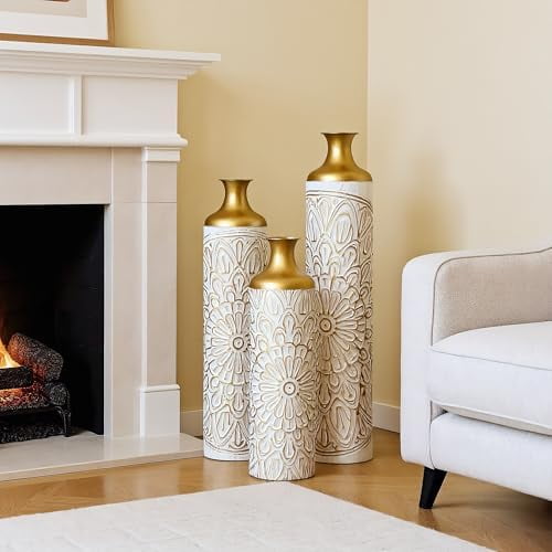 3pcs Extra Large Floor Vases Home Decor:24.4/29.1/33in, Big White Tall Metal Standing Floor Vase Set for Living Room$$Home Decor, Kitchen, & Other