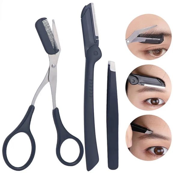 3pcs Eyebrow Trimming Set, Stainless Steel Eyebrow Tweezer Eyebrow Scissors With Comb Eyebrow Razor, Black