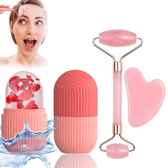 3pcs Facial Ice Cube Mold + Jade Roller & GuaSha Set, Reusable Silicone Cold Therapy Skin Care Tools, Roller Msagger for Neck Eye for Face and Body Massager