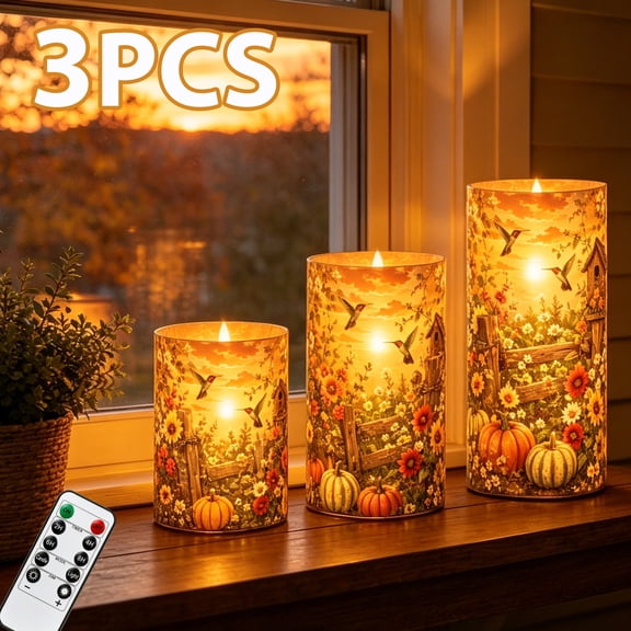 3pcs Fall Harvest Flameless Candles With Remote & Timer, Acrylic Pumpkin & Sunflower LED Pillars, Warm Glow Autumn Thanksgiving Table Centerpiece, Home Decor, Mantel, Fireplace Display