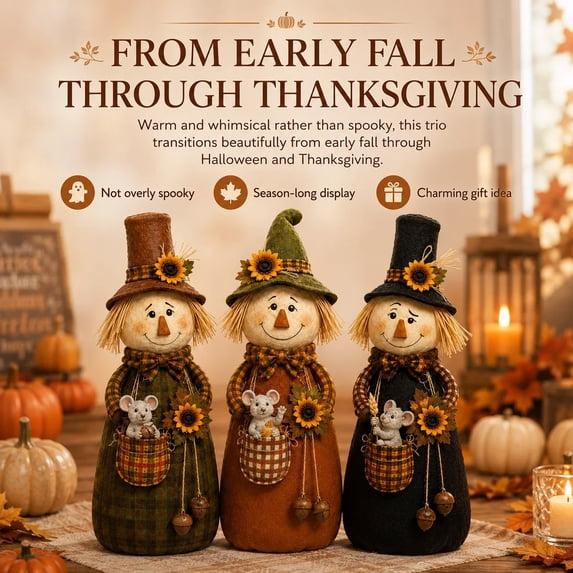 3pcs Fall Scarecrow Tabletop Decoration, Rustic Harvest Figurine for Mantel, Entryway Table, Sideboard, Console, Shelf, Thanksgiving Display, Farmhouse Home Decor, and Autumn Party Accent, A