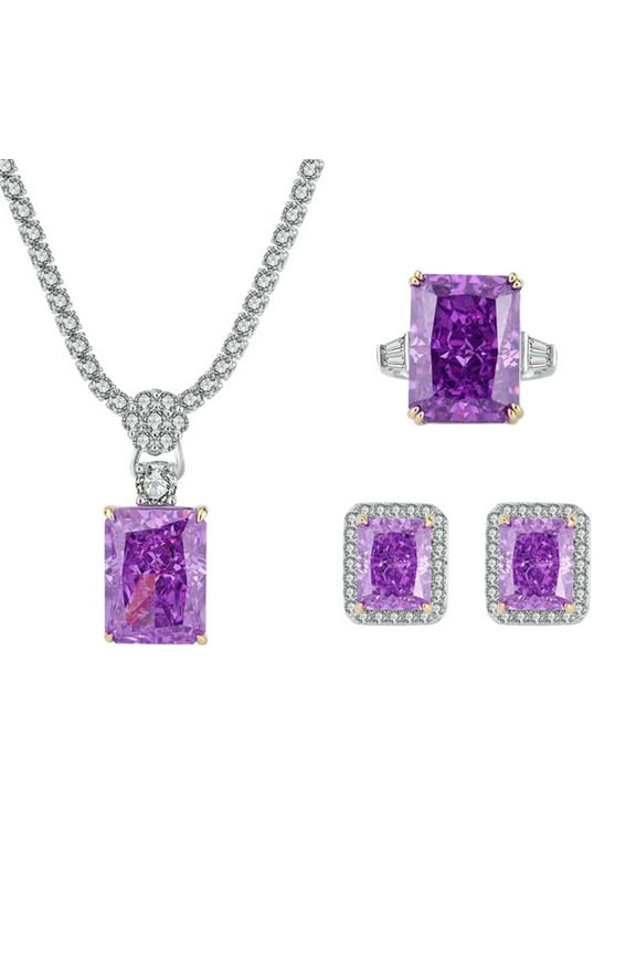 3pcs Fancy Jewelry Set for Bride Sparkling Radiant Cut CZ Purple Gemstone Pendant Necklace Stud Earrings Size 5-9 Rings Dainty Women Jewelry Set for Birthday Prom