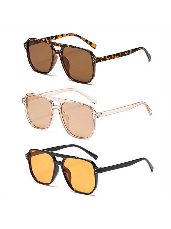 3pcs Fashionable Rectangular Plastic Glasses for Women with Leopard Print Detail, Dual Bridge Design, Reflective Lens, PC Material, Ideal for Daily Wear, Summer Festival, Birthday Gift