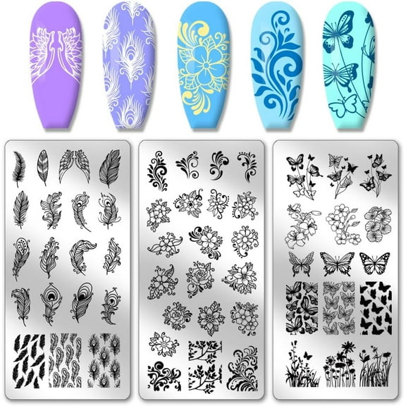 3pcs Feather Nail Stamp Plates 55 Patterns Feather Flower Butterfly Nail Stamper Plant Nail Art Stencils Stainless Steel Nail Image Plates for Nail Art Design Manicure Salon