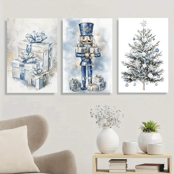 3pcs Festive Christmas Canvas Art Prints, 15, 7x23, 6 Inches - Gingerbread House, Snowman & Blue Christmas Tree, Frameless Wall Decor for Living Room, Home Office, or Classroom, Christmas Decoration