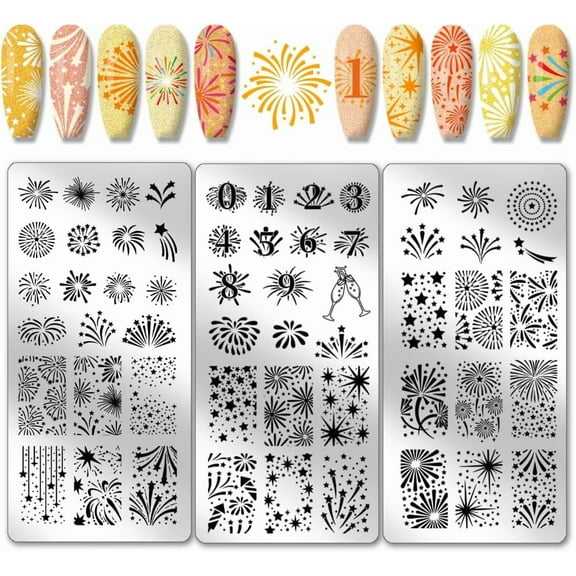 3pcs Fireworks Nail Stamping Plates Celebration Fireworks Nail Stamper Holiday Nail Art Stencils Print Nail Stencils Stainless Steel Nail Image Plate for Nail Art Design Manicure Salon