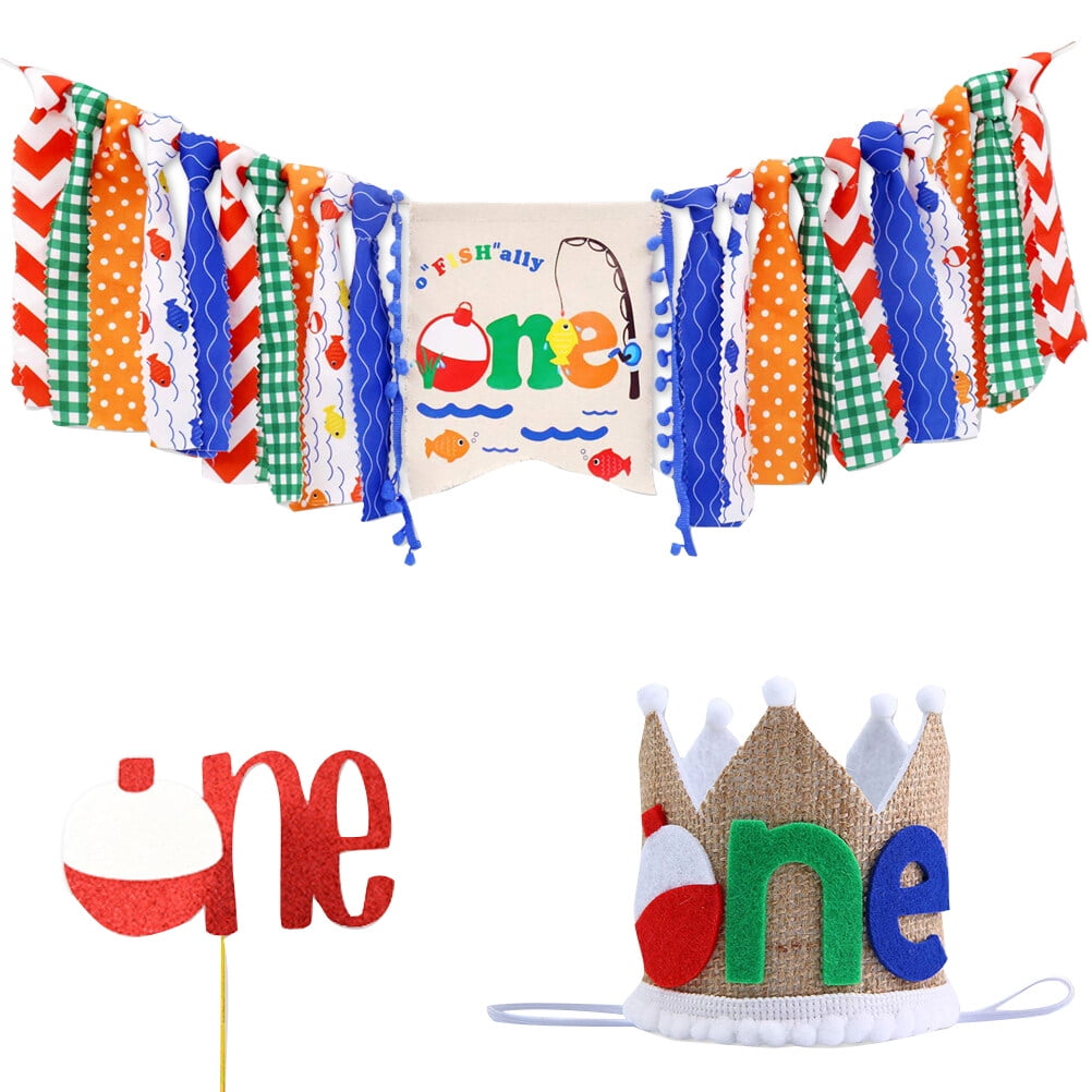 3pcs Fishing Theme Dining Chair Pull Flag Set Baby Birthday Decoration