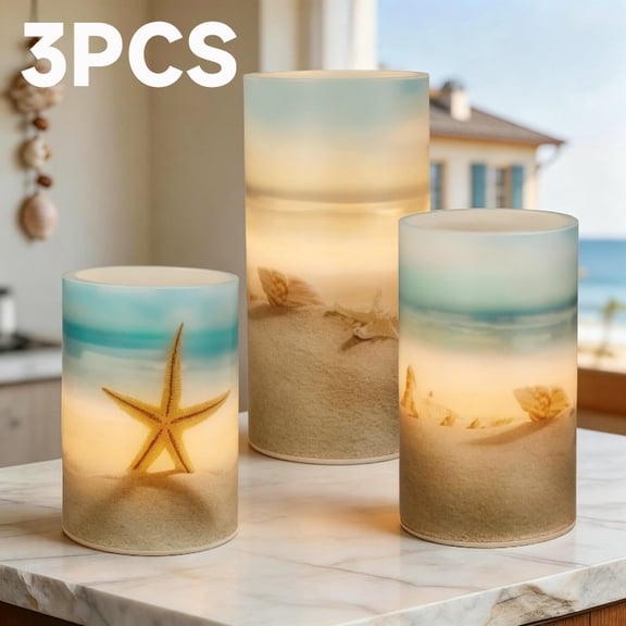 3pcs Flameless LED Candles Suitable for Coastal Decor with Starfish & Shell Shells, Glass-Look Plastic Pillar Candles, -Controlled Table Centerpiece for Beach House, Wedding, Table Centerpiece