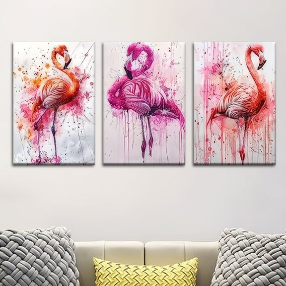 3pcs Flamingo Watercolor Canvas Art Set - Vibrant, Unframed Wall Decor for Living Room, Office, Cafe - Abstract Splash Design, Perfect Gift for Birthdays, Holidays, Valentine's Day, Flamingo Decor