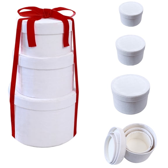 3pcs Flocked Round Gift Boxes, Velvet Christmas Package Decor, Stackable Round Gift Boxes for Tree Side Mantel Table Window Party Display, Decorative Nesting Containers with Plush Surface