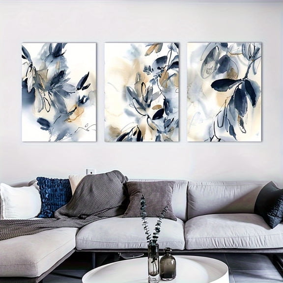 3pcs Floral Abstract Ink Painting Canvas Art Set, Modern Glam Minimalist Wall Art, Frameless Art Deco Classic Style Posters, Landscape Theme Paintings for Home Office, Living Room, Bedroom, Bathroom