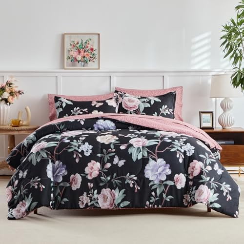3pcs Floral Comforter Set, Black n Pink Reversible Design, Full/Queen Size Soft n Cozy Microfiber Bedding Comforter Set for All Season- 1 Comforter n 2 Pillow Shams, 90x90 inches