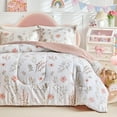 thumbnail image 1 of 3pcs Floral Cotton Comforter Set for Girls, Pink Flowers n Leaves Botanical Design, Twin Size Soft n Cozy Bedding Comforter Set for All Season- 68x88 inches, 1 of 7
