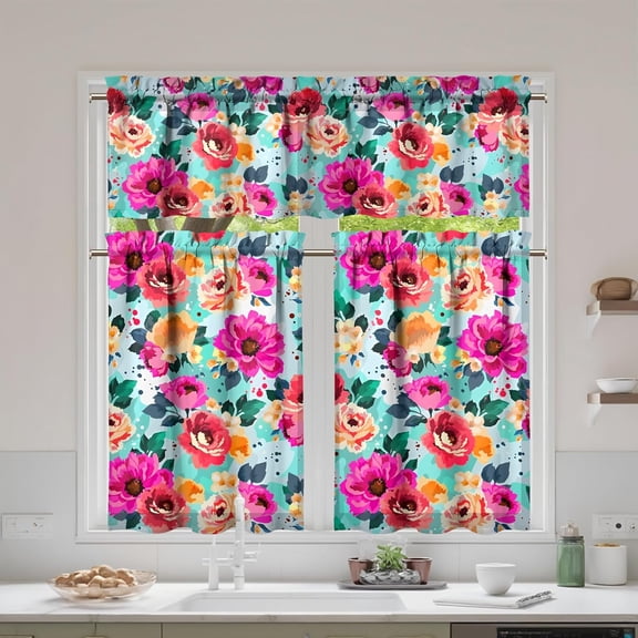 3pcs Floral Kitchen Curtains and Valances Set Funny Window Over Sink Decor Ideas Retro Small Window Drapes for Kitchen Bedroom Bathroom Laundry Room Small Windows 27.5x36 inch
