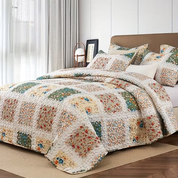 3pcs Floral Patchwork Quilt Set - Lightweight Comforter Bedding Set for Queen, King, Twin, and Full Size - Soft Cozy Bedspreads with Pillow Shams for Elegant Bedroom Decor
