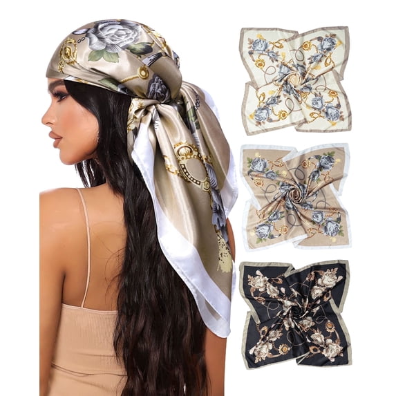 AWAYTR Floral Printed Women's Square Scarf Set, Floral Print, 3 Pack