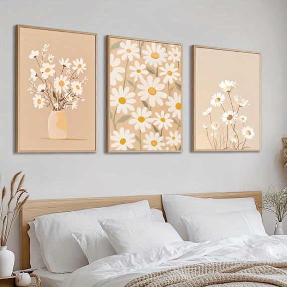 3pcs Floral Wall Art Set, Watercolor Flowers & Wildflower Meadow Art Prints, Frameless Fashion-Themed Decor, Perfect Gift for Her, Summer Decoration for Home & Office, Vibrant Yellow & White Palette