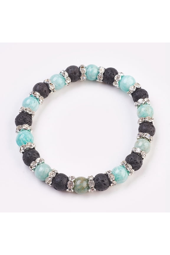3pcs Flower Amazonite Stretch Bracelets with Brass Rhinestone Spacer Beads 2 inch(5.2cm)