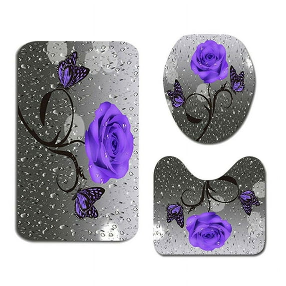 3pcs Flower Bathroom Rug Set Including Non-slip Rugs Toilet Lid Cover and Bath Mat for Home Hotel Party Decor,Purple,B (3pcs)