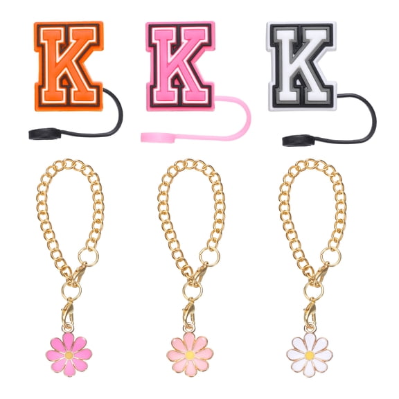 3pcs Flower Charm Cup Accessories with 3pcs 10mm Letter K Straw Cover Cap for Tumbler Cup
