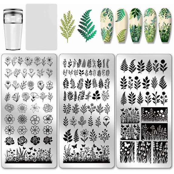 3pcs Flower Leaf Nail Stamping Plates Plants Nail Art Stencils Rose Daisy Manicure Art Templates Flower Bushes Nails Stamper Plate Butterfly Image Design Plate for Women Manicures Salon